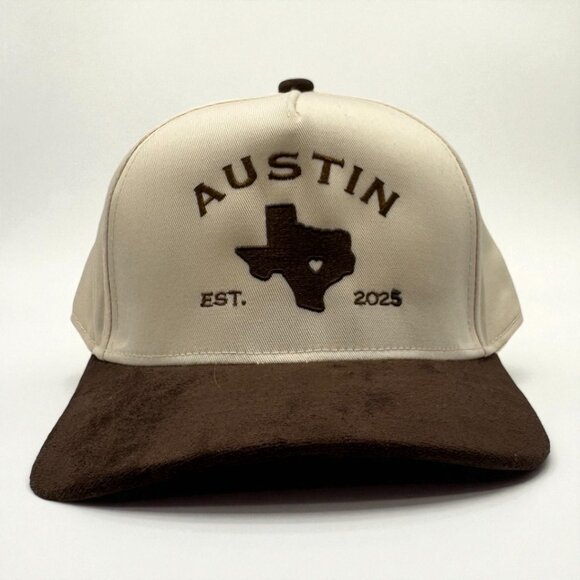 Austin Texas Embroidered Trucker Hat | Cream & Brown Snapback - Picture 1 of 2